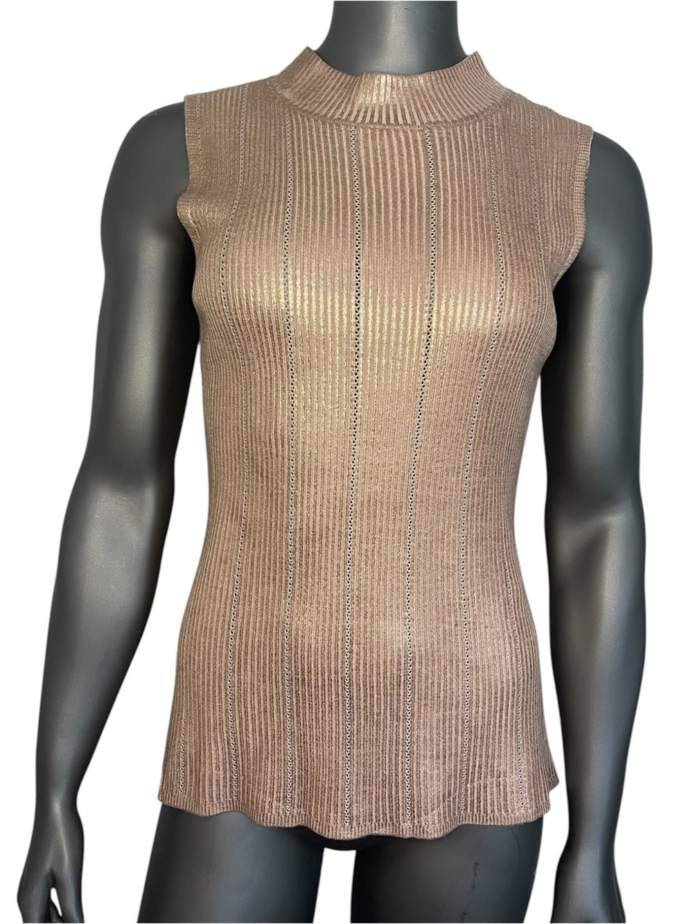 XOXO Sweater Top Women M Mock Neck Ribbed Rose Gold Stretch Metallic Sleeveless